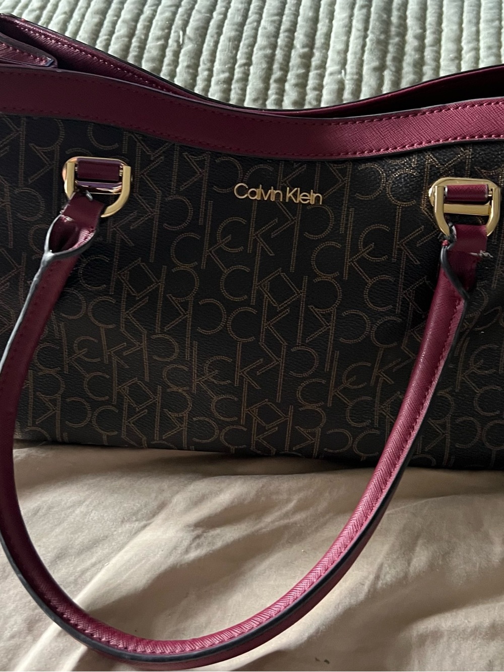 Calvin Klein Brown Monogram Shoulder Bag with Burgundy Trim